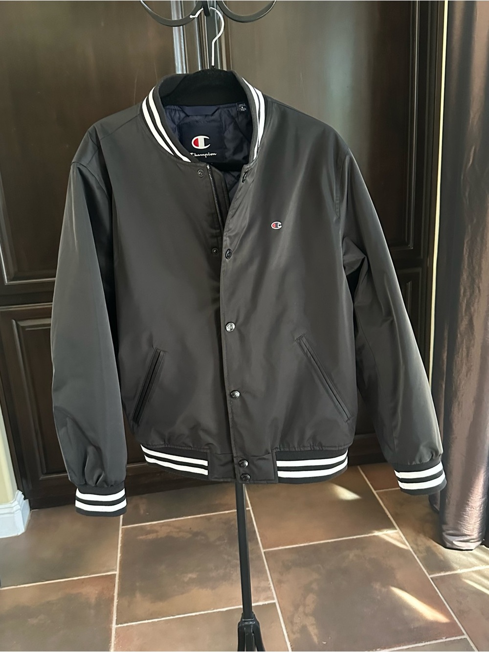 Champion Black Bomber Jacket with White Stripe Trim